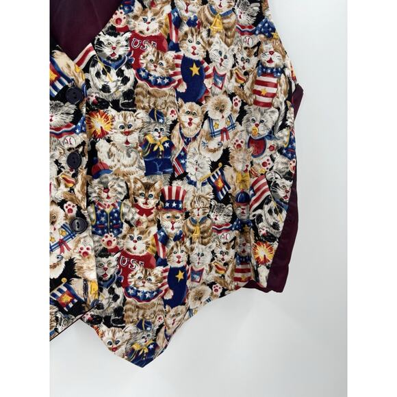 Castle Rock Vintage Vest Womens Large Cats USA American Flag Satin Button Retro - Picture 7 of 15
